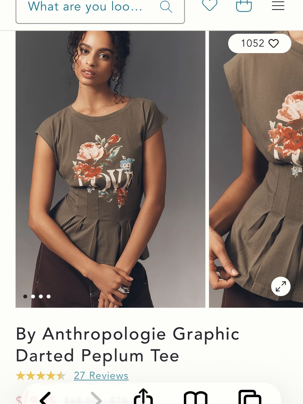 Anthropologie Olive Floral Graphic Darted Peplum Tee
